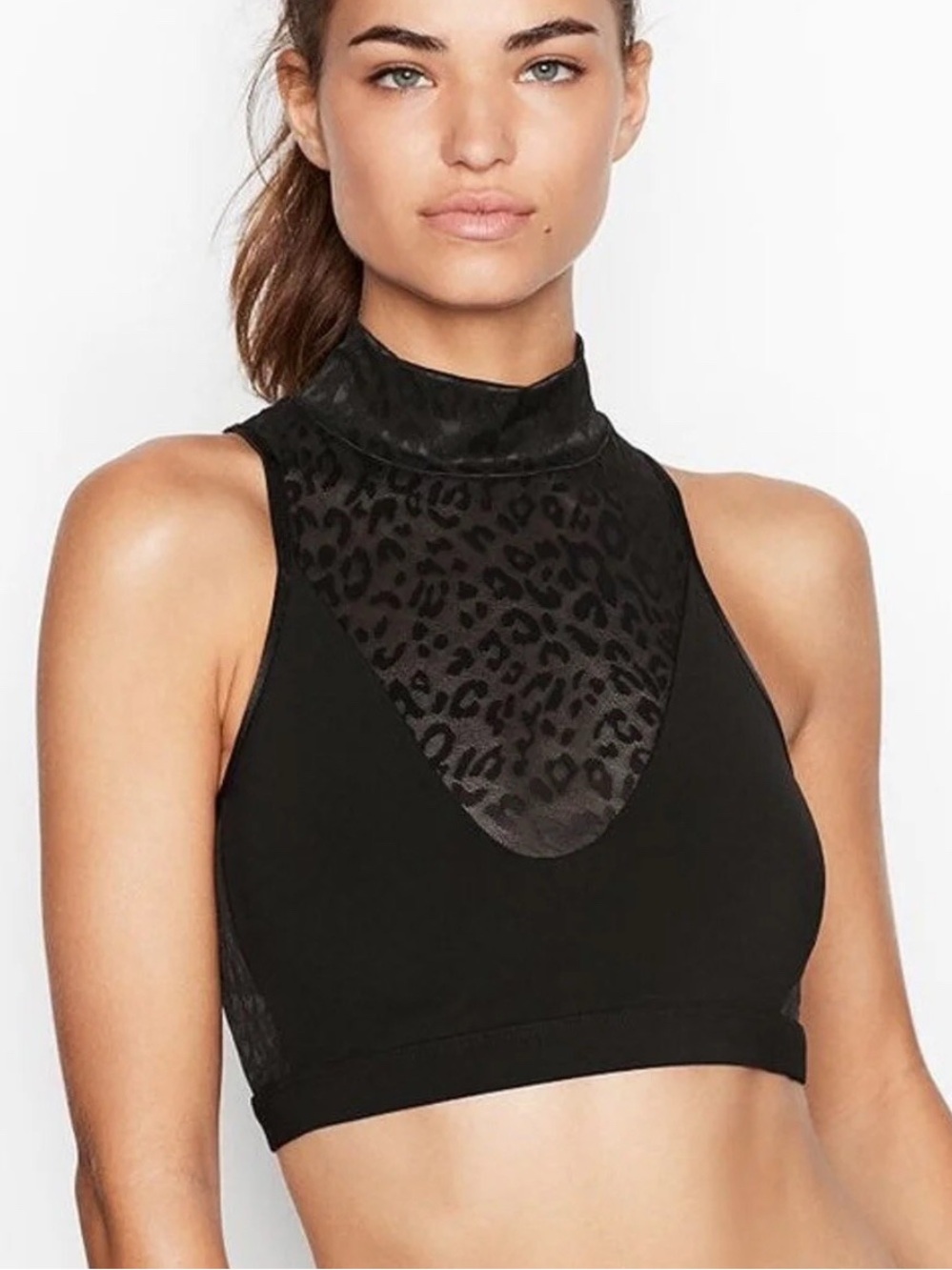 Victoria's Secret Black Leopard Mesh High-Neck Sports Bra